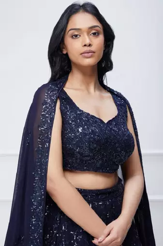  Navy Blue Sequins Embroidered Georgette Party Wear Indian Lehenga Dress