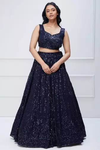  Navy Blue Sequins Embroidered Georgette Party Wear Indian Lehenga Dress