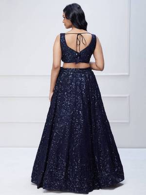  Navy Blue Sequins Embroidered Georgette Party Wear Indian Lehenga Dress 4