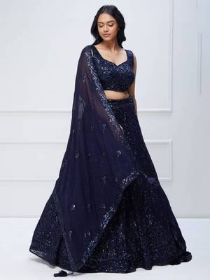  Navy Blue Sequins Embroidered Georgette Party Wear Indian Lehenga Dress 5