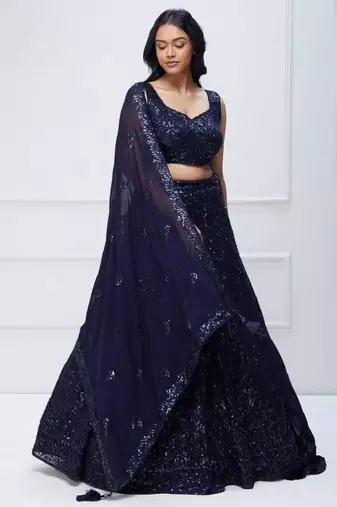  Navy Blue Sequins Embroidered Georgette Party Wear Indian Lehenga Dress