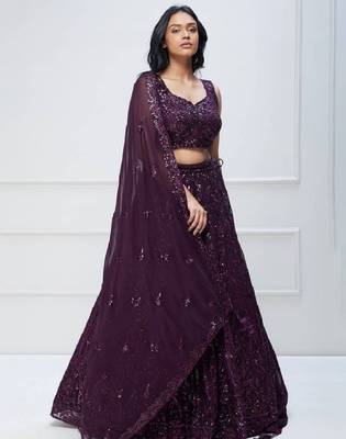 Purple Sequins Embroidered Georgette Wedding Indian Lehenga Dress 1