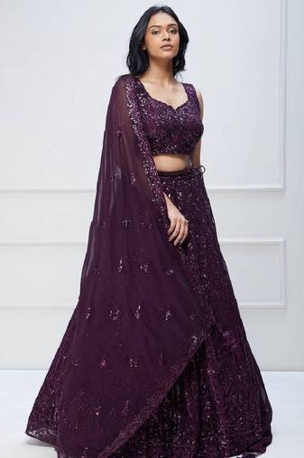 Purple Sequins Embroidered Georgette Wedding Indian Lehenga Dress