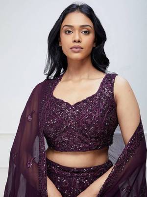 Purple Sequins Embroidered Georgette Wedding Indian Lehenga Dress 2