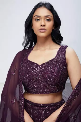 Purple Sequins Embroidered Georgette Wedding Indian Lehenga Dress