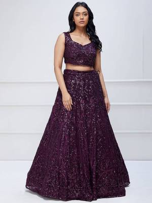 Purple Sequins Embroidered Georgette Wedding Indian Lehenga Dress 3