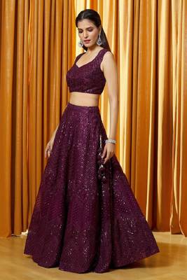  Purple Sequin Embroiered Net Party Wear Wedding Indian Lehenga Dress Designs 2