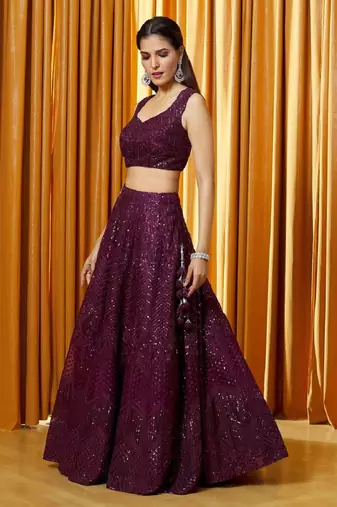  Purple Sequin Embroiered Net Party Wear Wedding Indian Lehenga Dress Designs