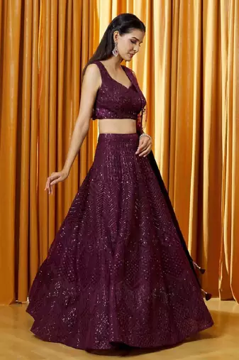  Purple Sequin Embroiered Net Party Wear Wedding Indian Lehenga Dress Designs