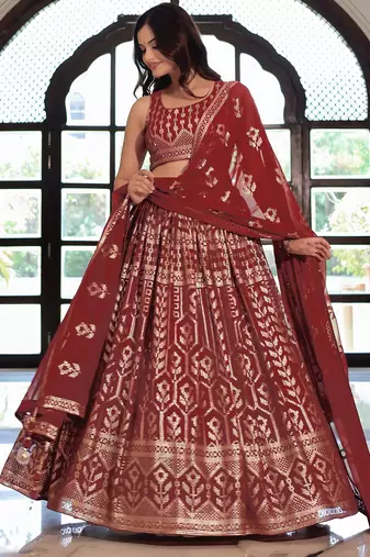  Maroon Sequins Georgette Wedding Wear Lehenga Choli With Dupatta