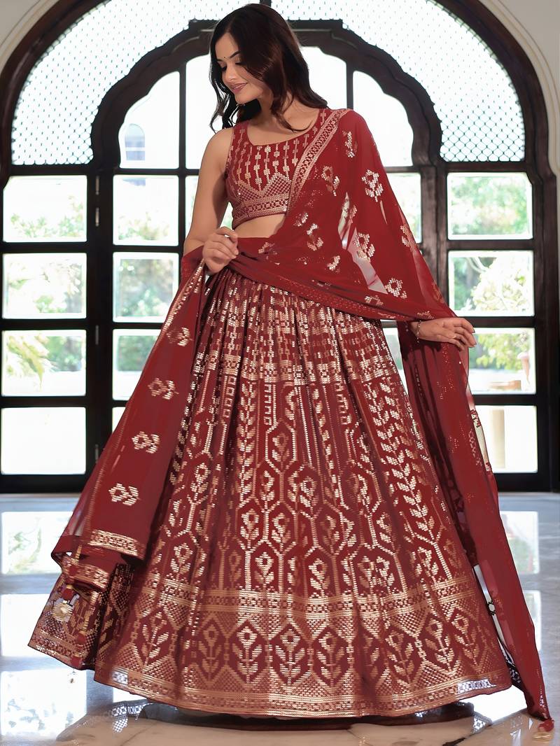  Maroon Sequins Georgette Wedding Wear Lehenga Choli With Dupatta