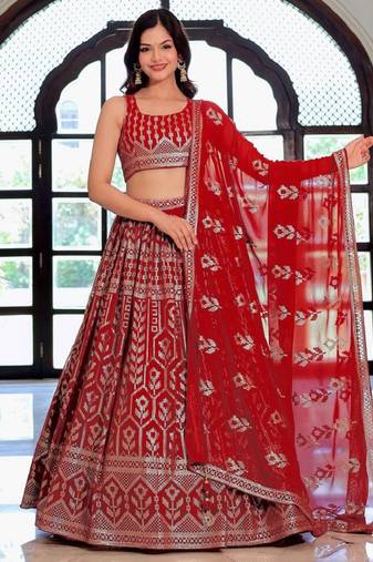  Maroon Sequins Georgette Wedding Wear Lehenga Choli With Dupatta