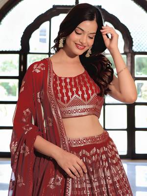  Maroon Sequins Georgette Wedding Wear Lehenga Choli With Dupatta 2