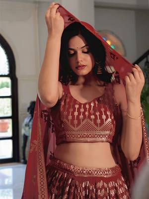  Maroon Sequins Georgette Wedding Wear Lehenga Choli With Dupatta 3