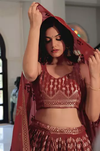  Maroon Sequins Georgette Wedding Wear Lehenga Choli With Dupatta