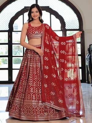  Maroon Sequins Georgette Wedding Wear Lehenga Choli With Dupatta 4