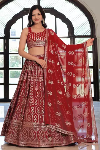  Maroon Sequins Georgette Wedding Wear Lehenga Choli With Dupatta