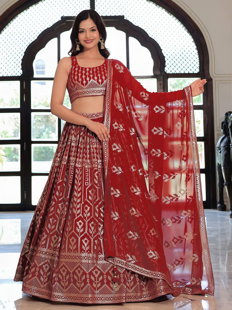  Maroon Sequins Georgette Wedding Wear Lehenga Choli With Dupatta