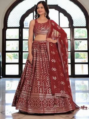 Maroon Sequins Georgette Wedding Wear Lehenga Choli With Dupatta 5