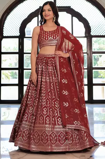  Maroon Sequins Georgette Wedding Wear Lehenga Choli With Dupatta