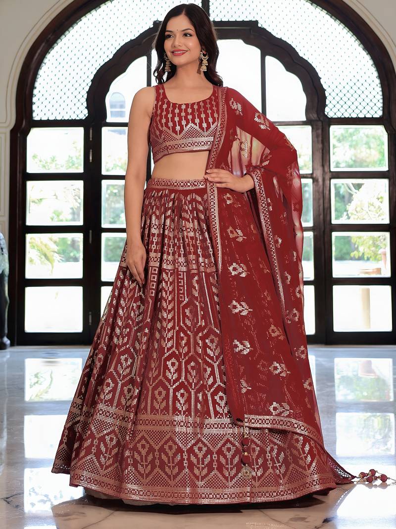  Maroon Sequins Georgette Wedding Wear Lehenga Choli With Dupatta