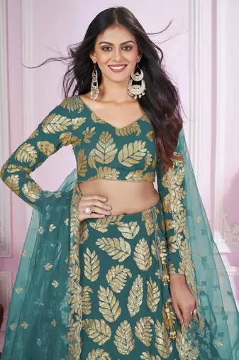  Teal Sequins Georgette Engagement Wedding Wear Lehenga Choli