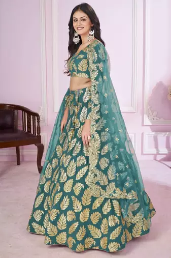  Teal Sequins Georgette Engagement Wedding Wear Lehenga Choli
