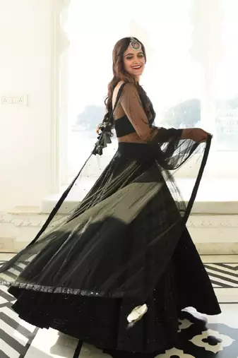 Black Georgette Embroidered Semi Stitched Lehenga Choli Set