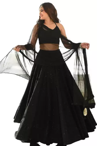Black Georgette Embroidered Semi Stitched Lehenga Choli Set