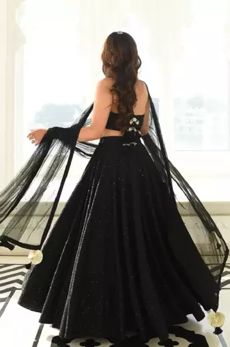 Black Georgette Embroidered Semi Stitched Lehenga Choli Set