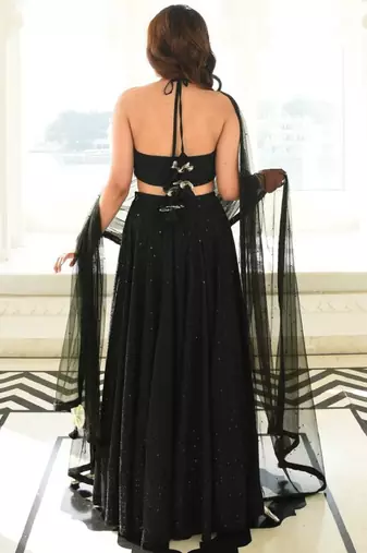Black Georgette Embroidered Semi Stitched Lehenga Choli Set