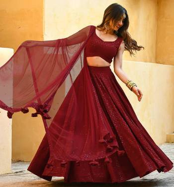 Maroon Colored Sequins Embroidered Georgette Wedding Lehenga Choli Dress 1