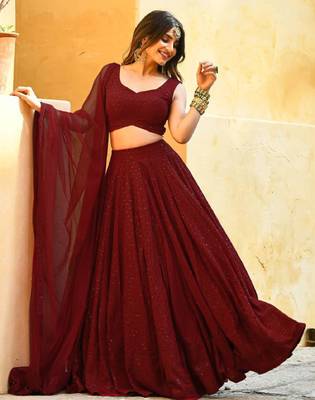 Maroon Colored Sequins Embroidered Georgette Wedding Lehenga Choli Dress 2