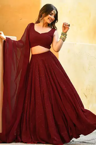 Maroon Colored Sequins Embroidered Georgette Wedding Lehenga Choli Dress