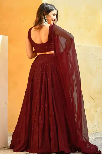 Maroon Colored Sequins Embroidered Georgette Wedding Lehenga Choli Dress