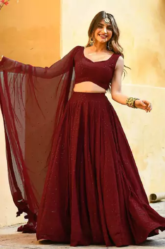 Maroon Colored Sequins Embroidered Georgette Wedding Lehenga Choli Dress