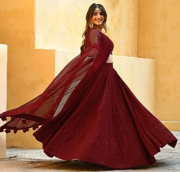 Maroon Colored Sequins Embroidered Georgette Wedding Lehenga Choli Dress 5