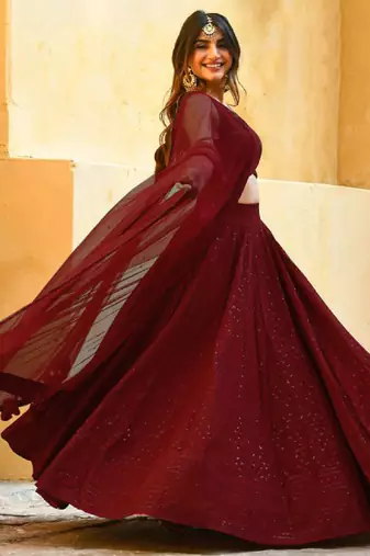 Maroon Colored Sequins Embroidered Georgette Wedding Lehenga Choli Dress