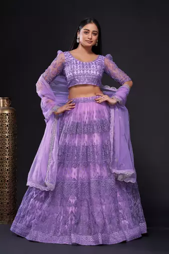 Astonishing Lavender Sequins Embroidered Soft Net Wedding Lehenga Dress