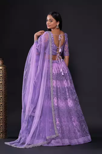 Astonishing Lavender Sequins Embroidered Soft Net Wedding Lehenga Dress