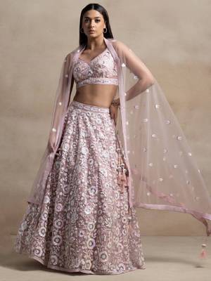 pink sequins embroidered soft net fabric Indian designer wedding lehenga 1