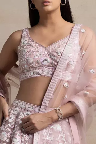 pink sequins embroidered soft net fabric Indian designer wedding lehenga