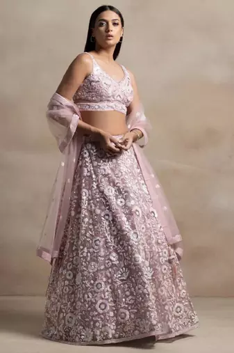 pink sequins embroidered soft net fabric Indian designer wedding lehenga