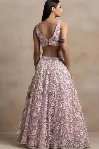 pink sequins embroidered soft net fabric Indian designer wedding lehenga