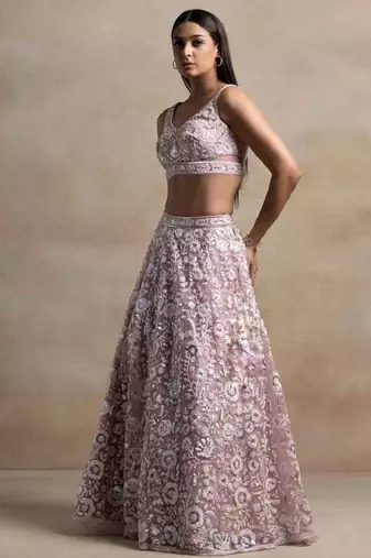 pink sequins embroidered soft net fabric Indian designer wedding lehenga