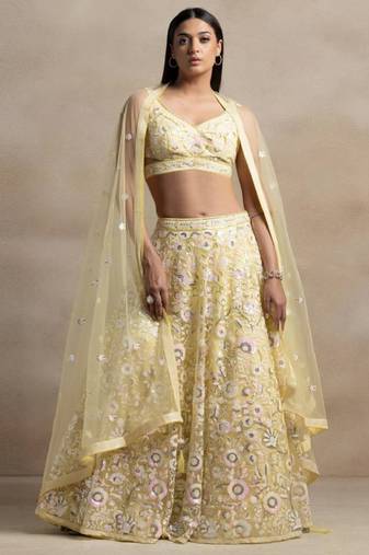 yellow sequins embroidered soft net fabric Indian designer bollywood lehenga