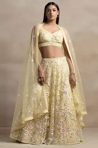 yellow sequins embroidered soft net fabric Indian designer bollywood lehenga