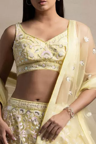 yellow sequins embroidered soft net fabric Indian designer bollywood lehenga