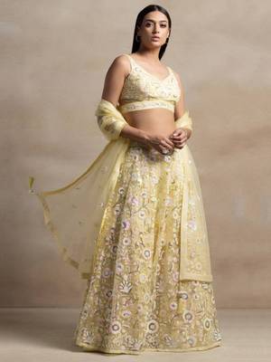yellow sequins embroidered soft net fabric Indian designer bollywood lehenga 3