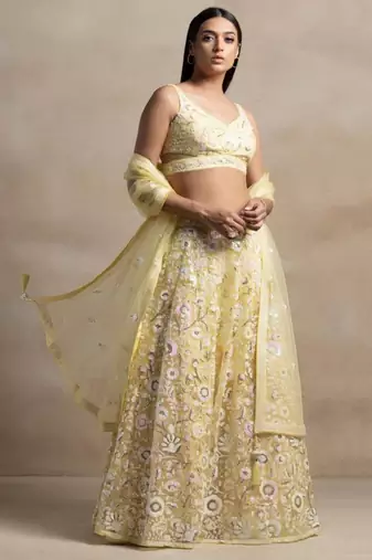 yellow sequins embroidered soft net fabric Indian designer bollywood lehenga